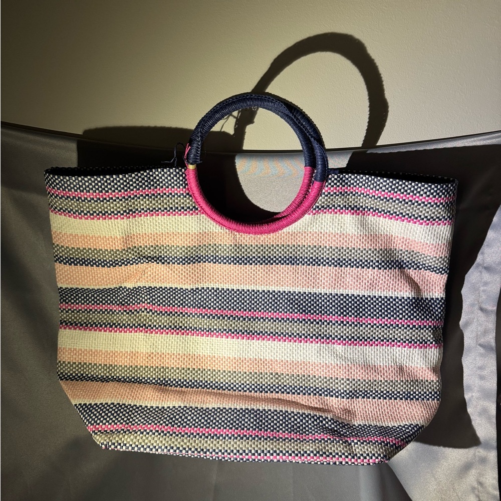 Shiraleah Chicago Woven Summer Tote Pink And Blue With Circular Handle